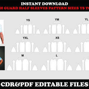 Puede incluir: Gráfico de descarga digital con patrones de mangas cortas de rash guard en tallas YS a XL. La imagen incluye dos modelos que usan rash guards y plantillas de patrones. El texto incluye "Descarga instantánea" y "Archivos CDR y PDF editables."