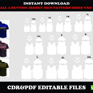 Puede incluir: Una descarga instantánea de gráficos con patrones de camisetas de béisbol en tallas YXS a 2XL. La imagen incluye ejemplos de camisetas en azul, rojo y verde oliva, junto con tablas de tallas. El texto "CDR & PDF EDITABLE FILES" también es visible.