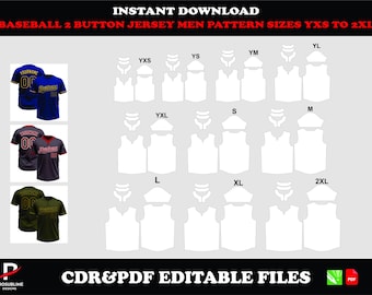 Men's Baseball Jersey Sewing Pattern, 2-Button, Sizes YXS-2XL (PDF, CDR Digital Download)
