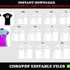 Pode incluir: Um download instantâneo de um gráfico com um padrão de camisa de voleibol nos tamanhos YXS a 2XL. A imagem inclui exemplos de camisas em preto e rosa, com o texto "TEAM" e o número "2" em uma camisa.