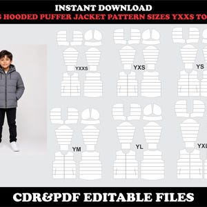 Könnte beinhalten: Ein digitales Schnittmuster für eine Kinder-Steppjacke mit Kapuze, mit dem Text INSTANT DOWNLOAD, KIDS HOODED PUFFER JACKET PATTERN SIZES YXXS TO YXL, und CDR&PDF EDITABLE FILES. Enthält ein visuelles Beispiel der grauen Jacke und der Schnittmusterlayouts.