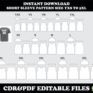 Patrón de costura de camiseta PDF CDR, manga corta, tallas YXS–5XL, descarga instantánea