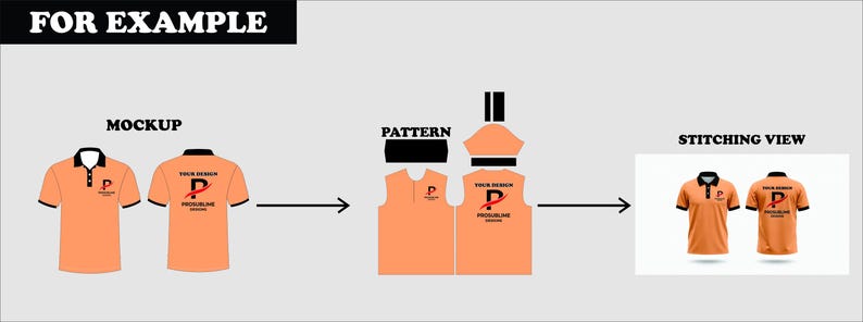 May include: An orange polo shirt mockup with black trim and a logo on the front and back. The image shows the shirt from different angles, including a pattern and stitching view. The text "FOR EXAMPLE" is at the top.