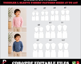 Toddler Long Sleeve T-Shirt Sewing Pattern, Kids Sizes 1T-10T (PDF, CDR)
