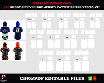 Patrón de jersey de manga corta con capucha 7v7, descarga digital, PDF CDR, tallas YXS–3XL