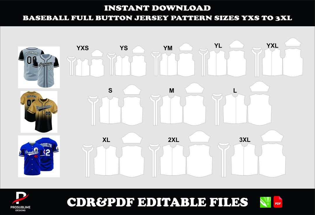Baseball Full Button Jersey Sewing Pattern | Sizes YXS-3XL (CDR & PDF ...