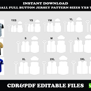 Könnte beinhalten: Baseball-Full-Button-Jersey-Schnittmuster in den Größen YXS bis 3XL. Das Bild zeigt Baseball-Trikots in verschiedenen Farben und Designs, darunter Blau, Gold und Grau. Der Text "SOFORT-DOWNLOAD" und "CDR&PDF EDITIERBARE DATEIEN" sind ebenfalls sichtbar.