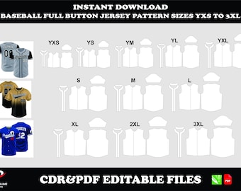 Baseball Full Button Jersey Sewing Pattern (CDR & PDF Digital Download) Sizes YXS to 3XL