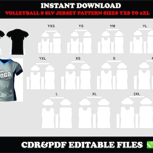 Pode incluir: Gráfico digital com padrões de camisas de voleibol nos tamanhos YXS a 2XL. A imagem inclui exemplos de camisas e modelos de padrões. O texto na imagem diz "DOWNLOAD INSTANTÂNEO" e "ARQUIVOS EDITÁVEIS CDR&PDF."
