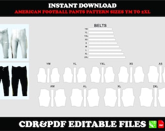 American football pants pattern, digital download PDF CDR, sizes YM–2XL