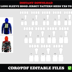 Könnte beinhalten: Digitales Schnittmuster für Hoodies mit langen Ärmeln, Größen YXS bis 3XL. Das Bild zeigt Beispiele für das Trikotdesign und Schnittmusterteile. Der Text enthält "SOFORT-DOWNLOAD" und "CDR&PDF EDITIERBARE DATEIEN".
