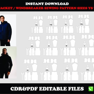 Puede incluir: Patrón de costura digital para chaquetas impermeables y cortavientos, tallas YS a 4XL. Incluye imágenes de las chaquetas y piezas del patrón. El texto en la parte superior dice "INSTANT DOWNLOAD" y "RAIN JACKET / WINDBREAKER SEWING PATTERN SIZES YS TO 4XL".
