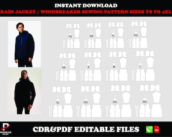 rain jacket sewing pattern, windbreaker hoodie, instant download, PDF & CDR, sizes YS–4XL
