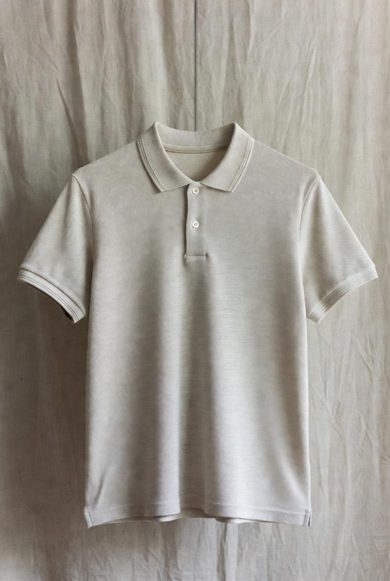 May include: A light beige polo shirt with short sleeves, a collar, and a three-button placket. The shirt is made of a textured fabric and hangs against a neutral-toned backdrop.