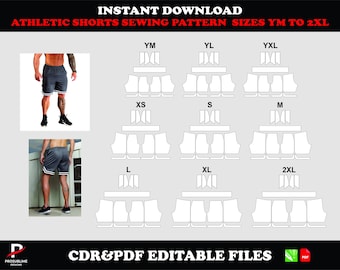 Athletic Shorts Sewing Pattern, elastic waist, V cut hem, PDF, sizes YM–2XL