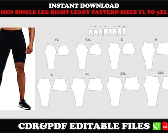 Men’s single-leg right leggings pattern, instant digital download, PDF CDR, sizes YL–3XL
