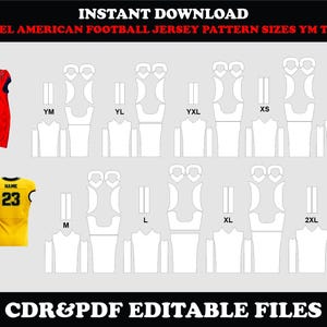Könnte beinhalten: Digitaler Download eines 6-Panel-American-Football-Trikotmusters in den Größen YM bis 2XL. Enthält Trikotdesigns in Rot und Gelb, mit der Nummer 23. Der Text "INSTANT DOWNLOAD" und "CDR&PDF EDITABLE FILES" ist ebenfalls sichtbar.