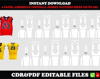 American football jersey pattern, instant digital download, PDF CDR, sizes YM–2XL