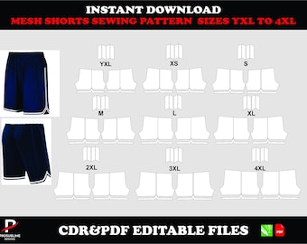 mesh shorts sewing pattern, digital download pdf & cdr, sizes yxl–4xl