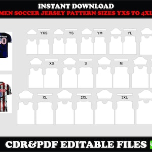 Könnte beinhalten: Digitales Fußballtrikot-Muster in den Größen YXS bis 4XL. Enthält Vorlagen für verschiedene Größen sowie Beispiele für Trikots mit USA-Flaggen-Design. Der Text "INSTANT DOWNLOAD" und "CDR&PDF EDITABLE FILES" ist ebenfalls enthalten.