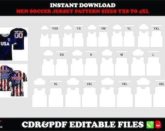 men’s soccer jersey pattern, digital download, PDF CDR, sizes YXS–4XL