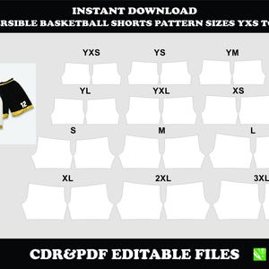 Pode incluir: Padrão digital para calções de basquete reversíveis, tamanhos YXS a 3XL. A imagem mostra um par de calções em branco e preto com detalhes dourados, juntamente com tabelas de tamanhos. O texto inclui "Download instantâneo" e "Arquivos CDR&PDF editáveis."