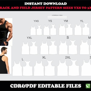 May include: A digital pattern for a track and field jersey, including sizes YXS to 3XL in CDR and PDF formats. The image displays a black tank top on a model from front and back views, alongside white outlines of the jersey patterns for each size.