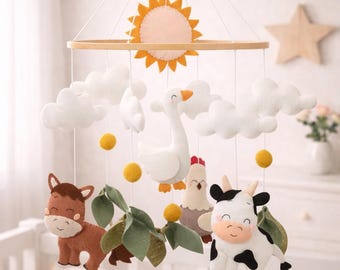 Handmade Farm Animal Crib Mobile – Felt Horse Cow Chicken Goose – Nursery Room Decor