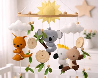 Australische babymobiel | Vilten kangoeroe Koala-kaketoe | Mobiel babybedje