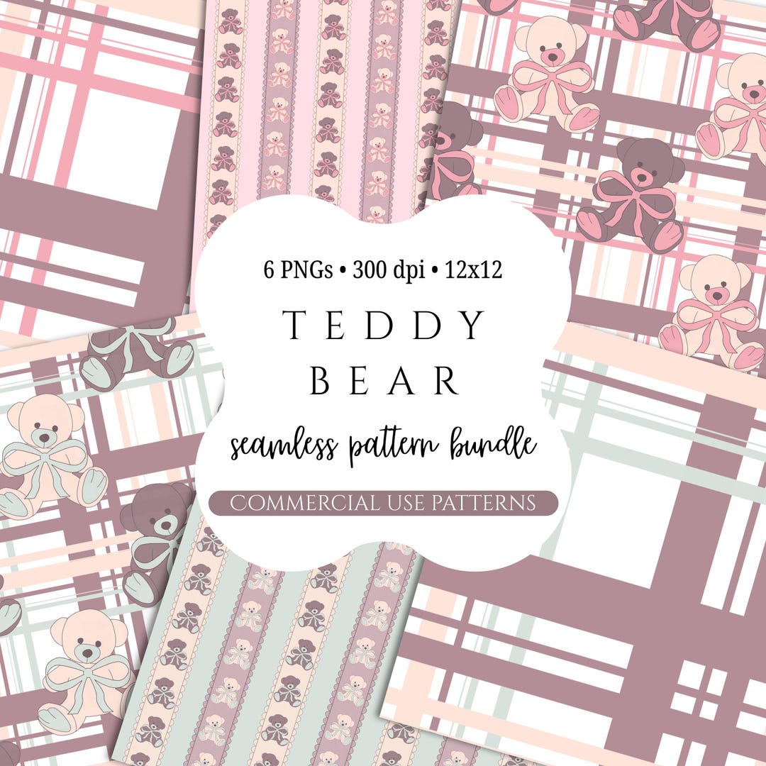Teddy Bear Seamless Pattern Bundle PNG | Cute Baby Bear Ribbon Digital ...