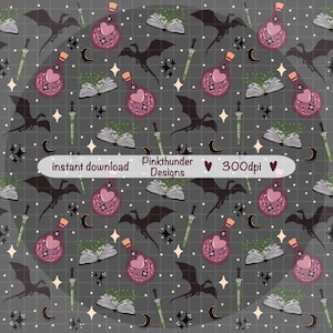 May include: A digital pattern featuring a repeating design of potion bottles with heart-shaped labels, open books, swords, crescent moons, and dragons on a gray grid background. The text "instant download" and "Pinkthunder Designs" is included.