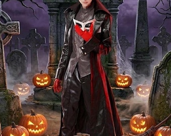 Persona 5 Joker Phantom Thief Cosplay Costume Set: Faux Leather Coat, Mask, Gloves, Pants