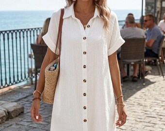 Gauze Shirt Dress with Pockets – Cotton Button-Down Beach Cover Up
