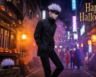 Satoru Gojo Cosplay Costume Set: Jujutsu Kaisen Jacket, Pants, Wig, Blindfold, Sunglasses