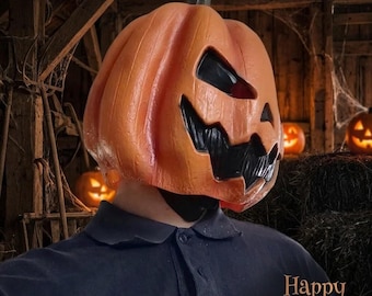 Evil Pumpkin Head Mask, Realistic Jack-o'-Lantern Latex Halloween Costume accessory