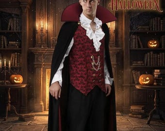Men's Vampire Costume Set: Deluxe Dracula Cape, Vest, Ruffled Shirt