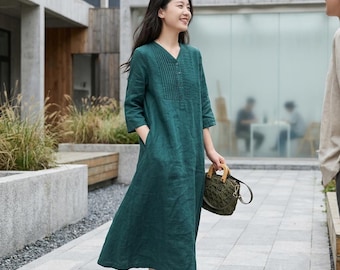 Linen Maxi Dress with Pockets – Pleated V-Neck Boho Summer Style