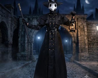 Plague Doctor Costume Set: Steampunk Bird Mask, Trench Coat, Lantern, Cane – Halloween Cosplay