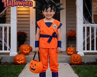 Kids Goku Saiyan Cosplay Costume Set with 5 Wigs, Tail, Blue Wristbands