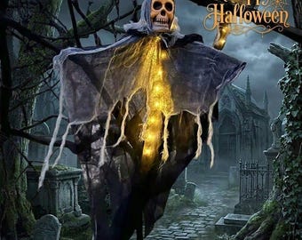 Light Up Hanging Skeleton Ghost: Halloween Grim Reaper Yard Decor
