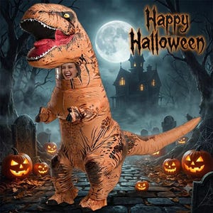 May include: An inflatable orange Tyrannosaurus Rex costume featuring a clear viewing window at the neck area, textured skin patterns, and small arms. The costume is set against a dark, spooky background with the text Happy Halloween.