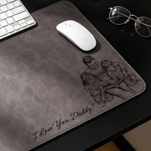 Custom Dad Photo Sketch Line Art Leather Desk Mat, Personalized Photo Father's Day Gift For Husband, Dad Picture Desk Pad Mouse Mat