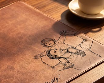 Kundenspezifisches Leder-Mauspad für den Vatertag von einem Kind, benutzerdefinierte Papa-Foto-Skizzenlinie Kunst-Leder-Schreibtischmatte, personalisiertes Vatertagsgeschenk
