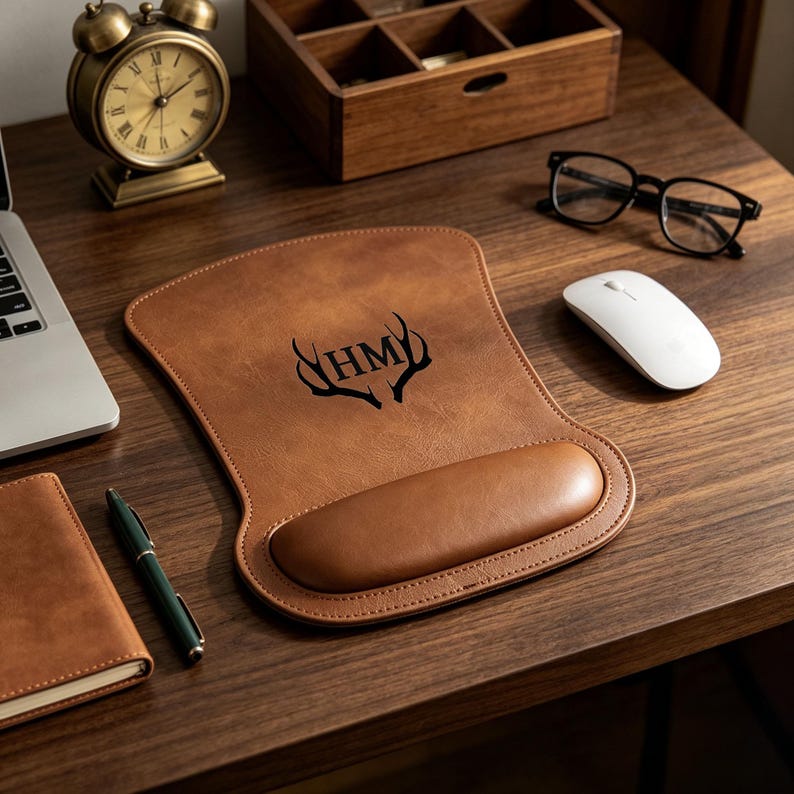 May include: A tan leather mouse pad with a built-in wrist rest, featuring a black graphic of deer antlers surrounding the letters HM. The mouse pad has a smooth, contoured shape with stitched edges, providing a functional surface for computer use.