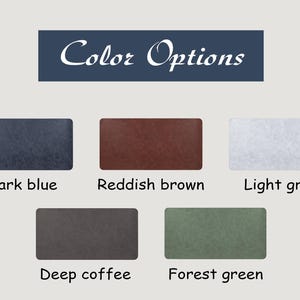 May include: A color chart featuring the text Color Options at the top. Below are five rectangular swatches with a textured finish in dark blue, reddish brown, light gray, deep coffee, and forest green, each labeled with its respective color name.