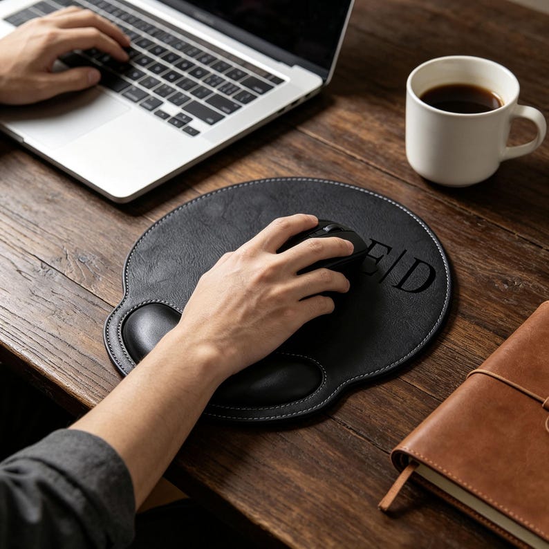 May include: A round black leather mouse pad with a built-in wrist rest and white contrast stitching. The surface features the embossed letters E|D. The mouse pad is designed for computer use and provides a smooth surface for a black computer mouse.