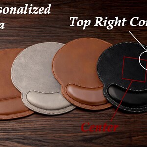 May include: Four ergonomic mouse pads with wrist rests in light brown, gray, medium brown, and black. The image includes text labels indicating a Personalized Area, Top Right Corner, and Center, with a white circle and red square graphic.