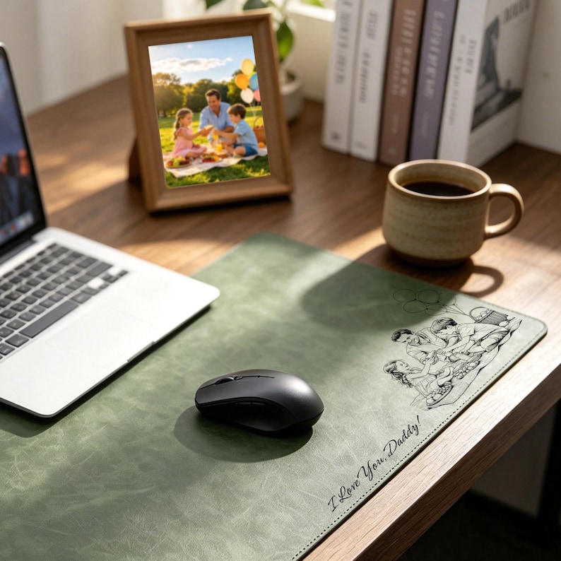 May include: A sage green desk mat featuring a black line art illustration of a family having a picnic and the text "I Love You, Daddy!" printed in the corner. The mat is positioned on a wooden surface with a laptop, a computer mouse, and a mug.