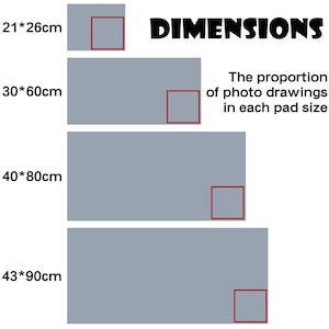May include: A chart displaying four gray rectangular pads with the text DIMENSIONS and The proportion of photo drawings in each pad size. The sizes listed are 21*26cm, 30*60cm, 40*80cm, and 43*90cm, each featuring a small red-outlined square.