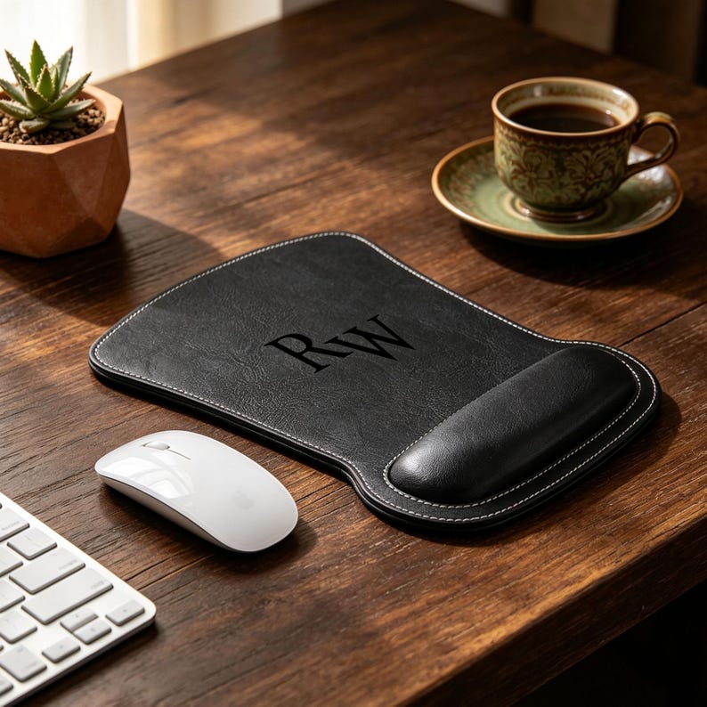 May include: A black leather mouse pad with a wrist rest, featuring white contrast stitching along the edges and the letters RW embossed in the center. The mouse pad has a smooth surface texture and a curved shape designed for ergonomic support.